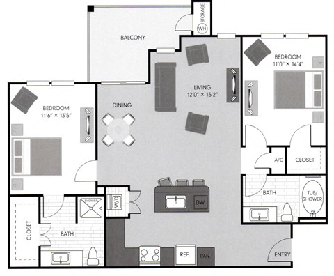 Floor plan for 2 beds, 2 baths, 1080 sqft